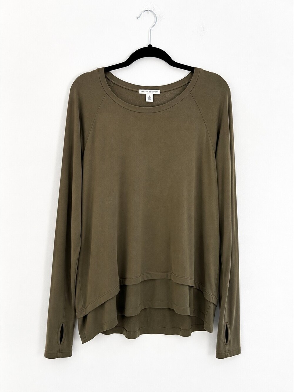 Threads 4 Thought Olive Modal Layered Hem Thumbhole Pullover Top L